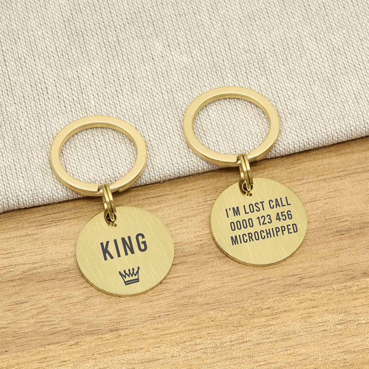 Engraved Brushed Stainless Steel Cat Name Tag - Gold Icon Crown - About Pets