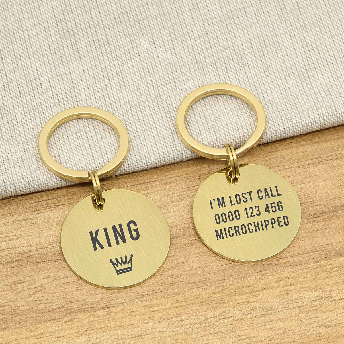 Engraved Large Brushed Stainless Steel Dog Name Tag - Gold Icon Crown - About Pets