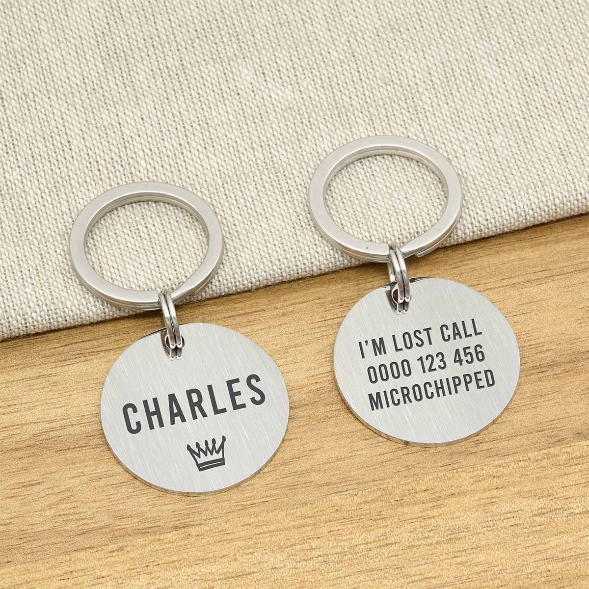 Engraved Large Brushed Stainless Steel Dog Name Tag - Silver Icon Crown - About Pets