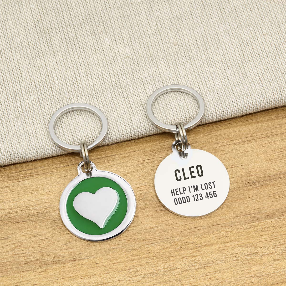 Engraved Zinc Alloy Cat Name ID Tag - Green Colour Heart - About Pets