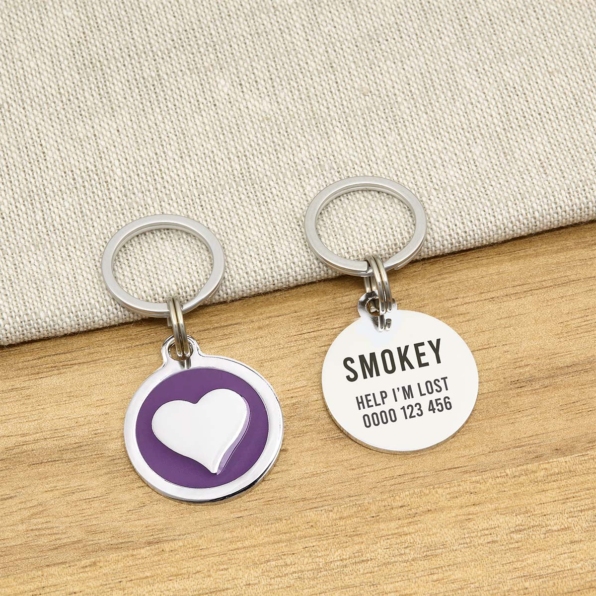 Engraved Zinc Alloy Cat Name ID Tag - Purple Colour Heart - About Pets