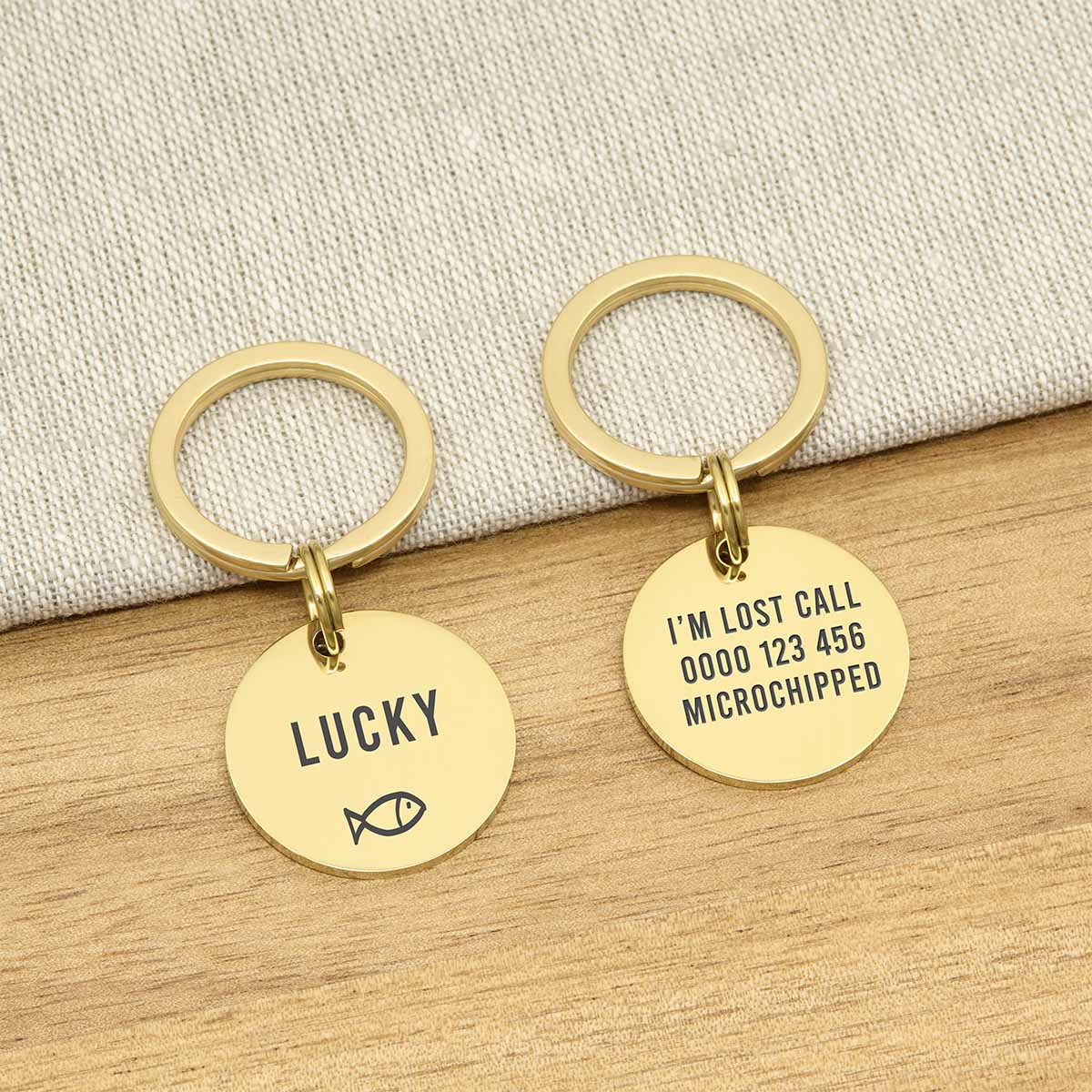 Engraved Stainless Steel Cat Name ID Tag - Icon Fish Gold Stainless Gloss - About Pets