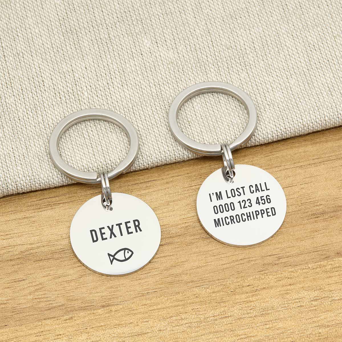 Engraved Stainless Steel Cat Name ID Tag - Icon Fish Silver Stainless Gloss - About Pets
