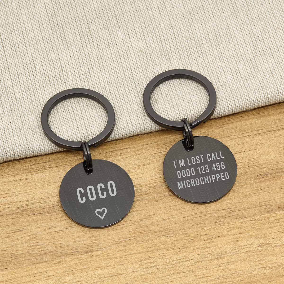 Engraved Stainless Steel Cat Name ID Tag - Brushed Black Icon Heart - About Pets