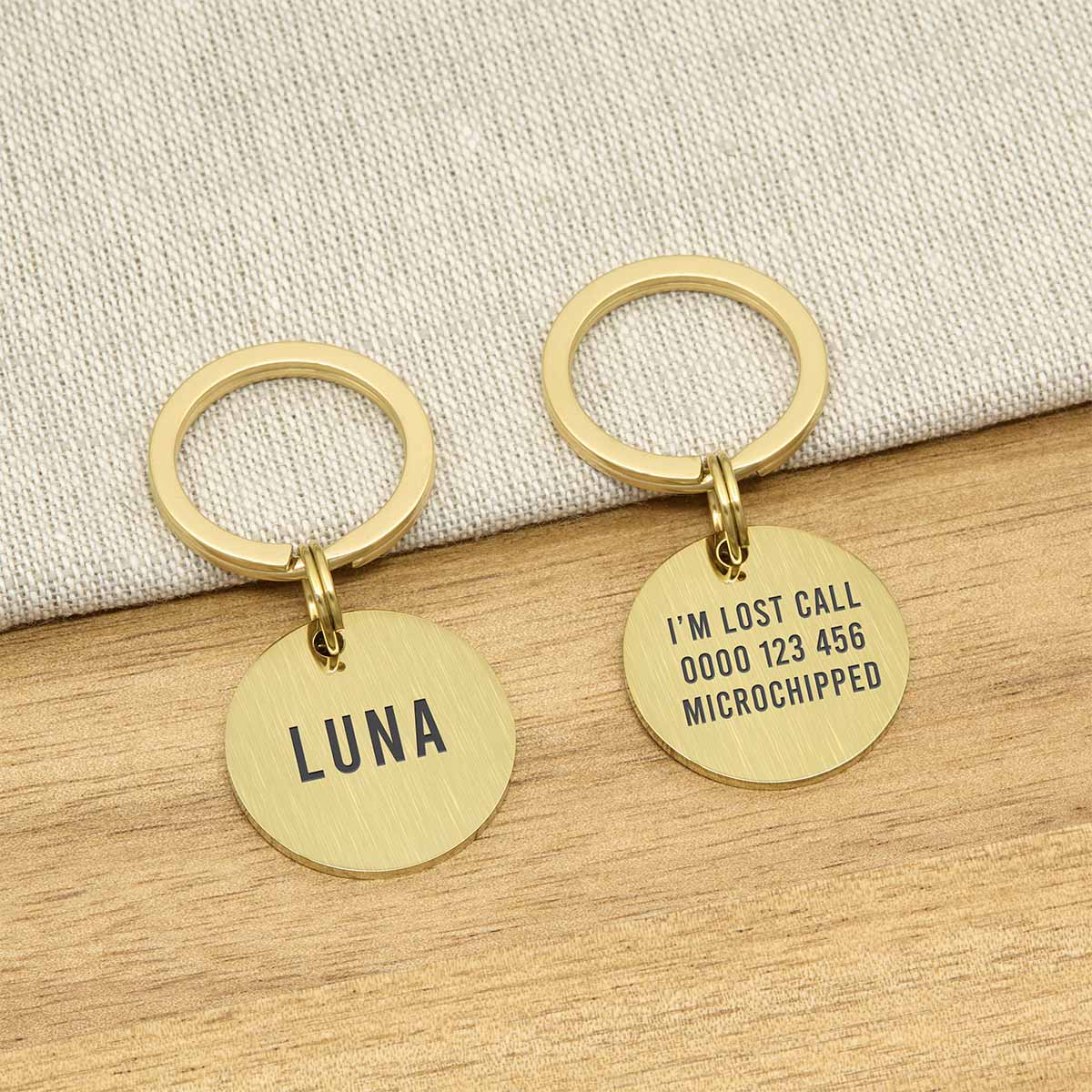 Engraved Stainless Steel Cat Name ID Tag -Brushed Gold Round - About Pets