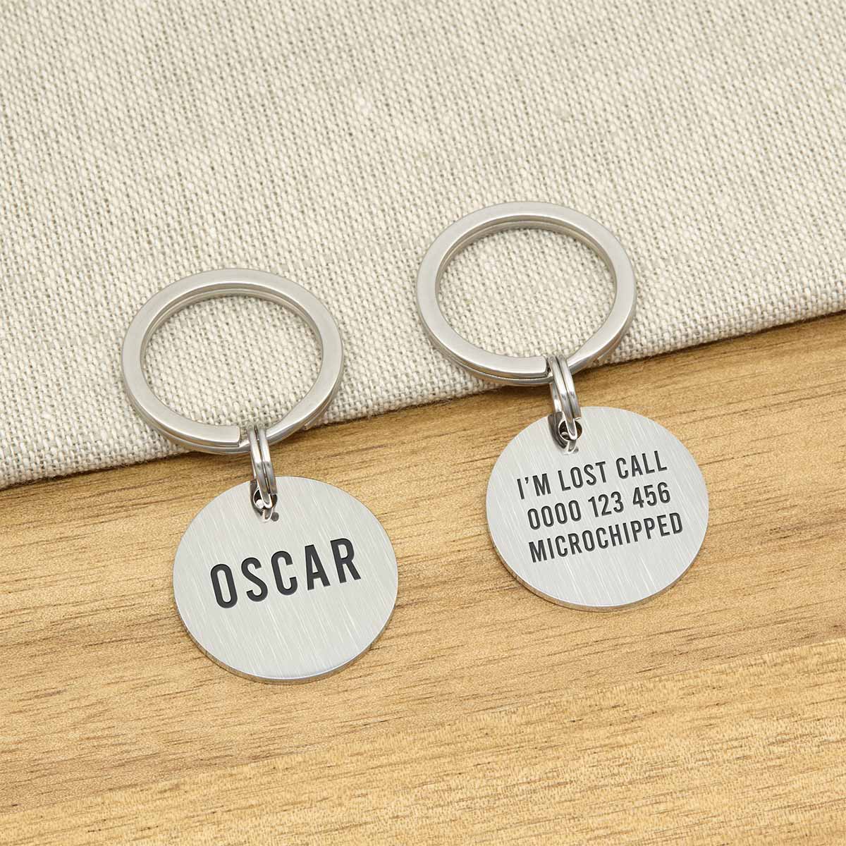 Engraved Stainless Steel Cat Name ID Tag - Brushed Silver Round - About Pets