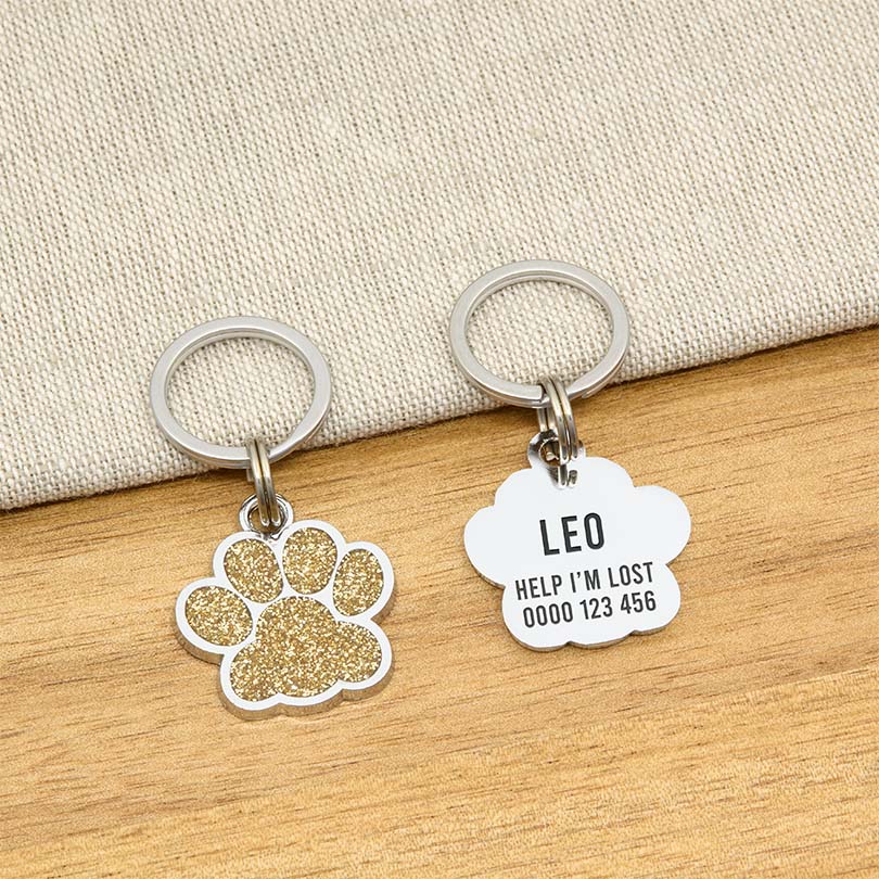 Engraved Stainless Steel Cat Name Tag - Gold Glitter Paw - About Pets