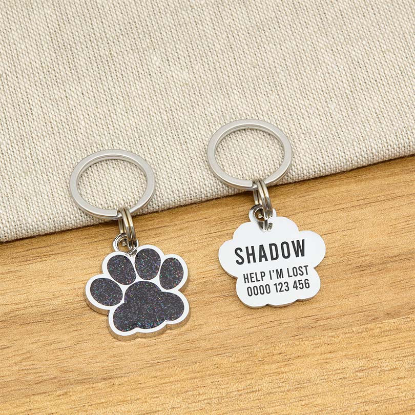 Engraved Stainless Steel Cat Name Tag - Black Glitter Paw - About Pets