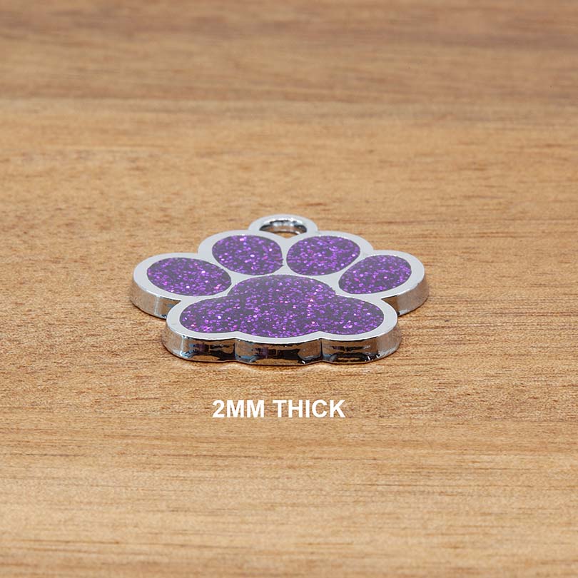 Engraved Stainless Steel Cat Name Tag - Thickness Purple Glitter Paw - About Pets