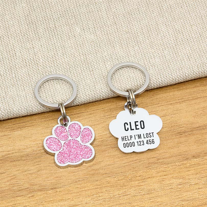 Engraved Stainless Steel Cat Name Tag - Pink Glitter Paw - About Pets
