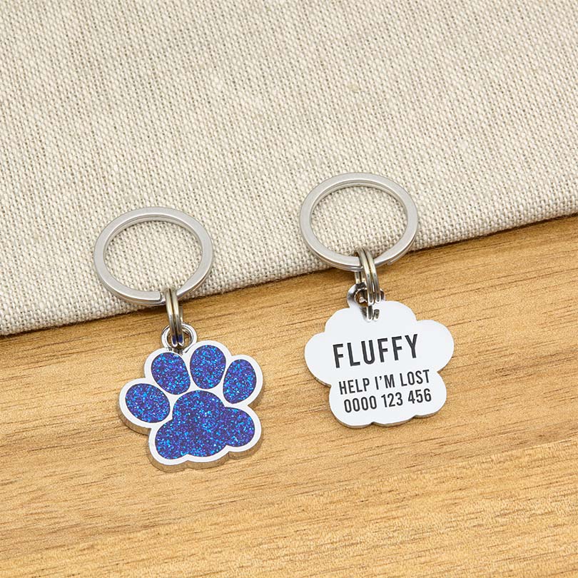 Engraved Stainless Steel Cat Name Tag - Blue Glitter Paw - About Pets