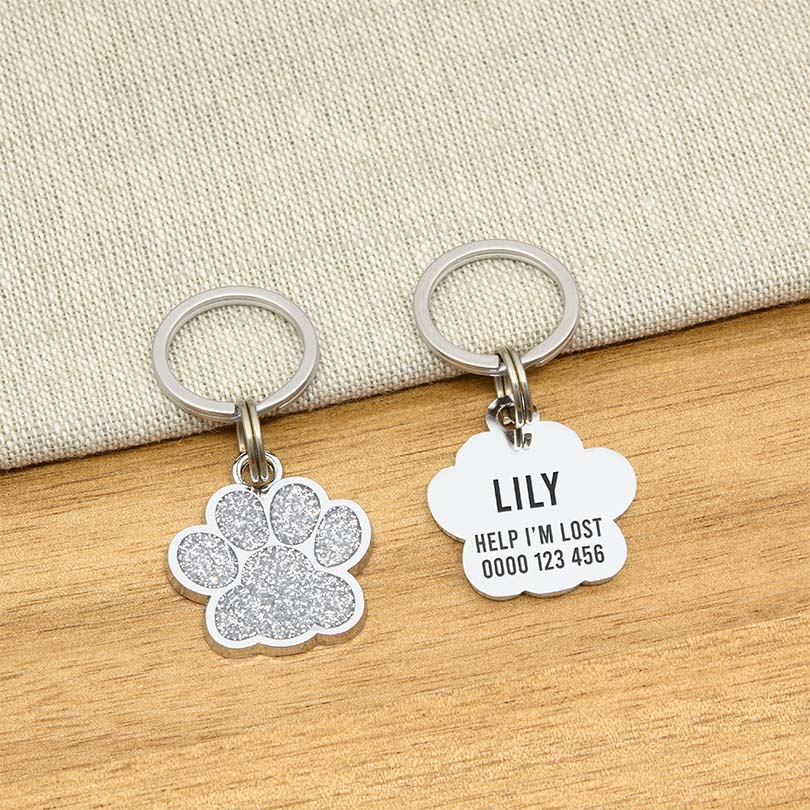 Engraved Stainless Steel Cat Name Tag - Silver Glitter Paw - About Pets