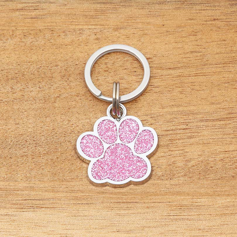 Engraved Stainless Steel Cat Name Tag - Pink Glitter Paw - About Pets