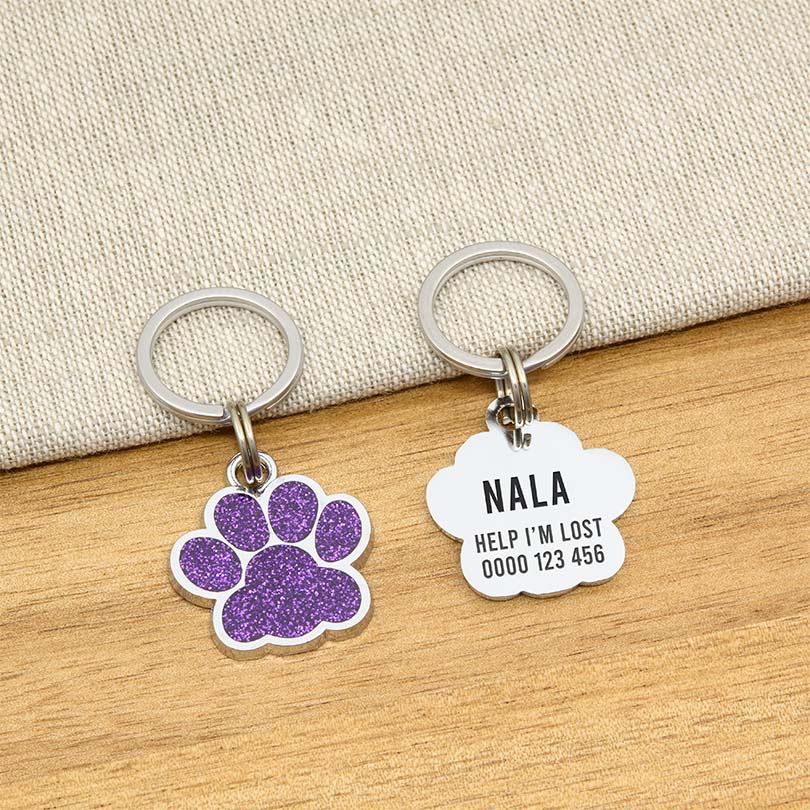 Engraved Stainless Steel Cat Name Tag - Purple Glitter Paw - About Pets