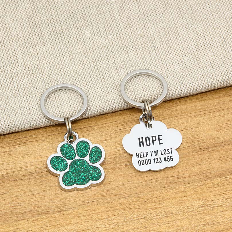 Engraved Stainless Steel Cat Name Tag - Green Glitter Paw - About Pets