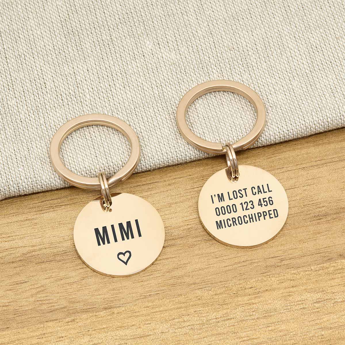 Engraved Stainless Steel Cat Name Tag - Rose Gold Icon Heart - About Pets