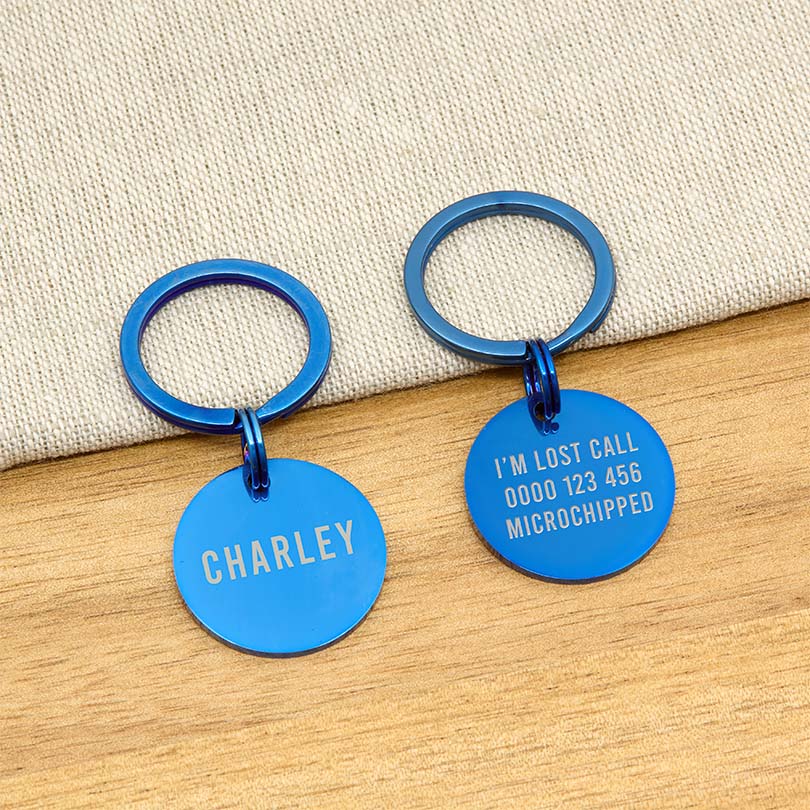 Engraved Stainless Steel Cat Name ID Tag - Blue Round - About Pets