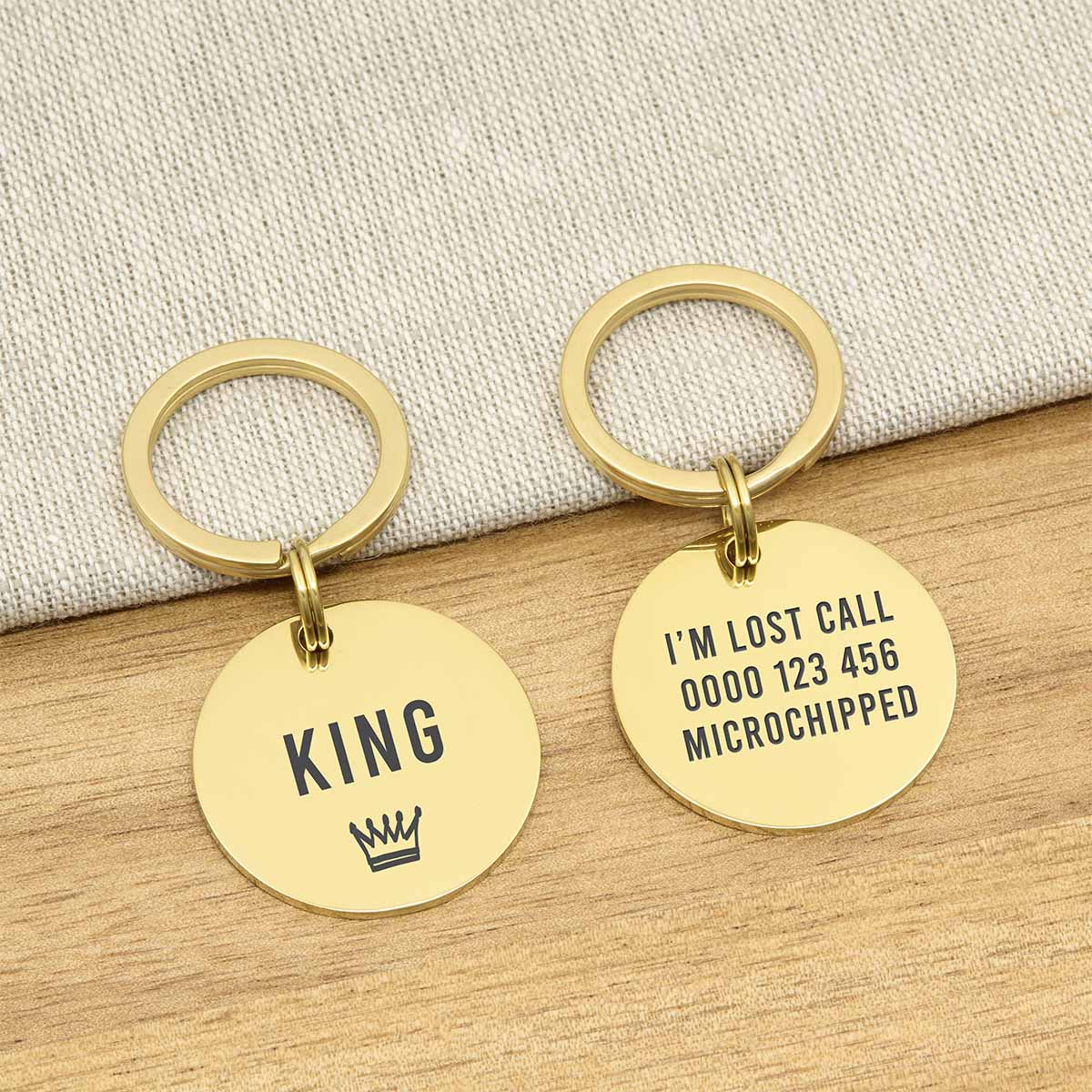 Engraved Large Stainless Steel Dog Name Tag - Gold Icon Crown - About Pets