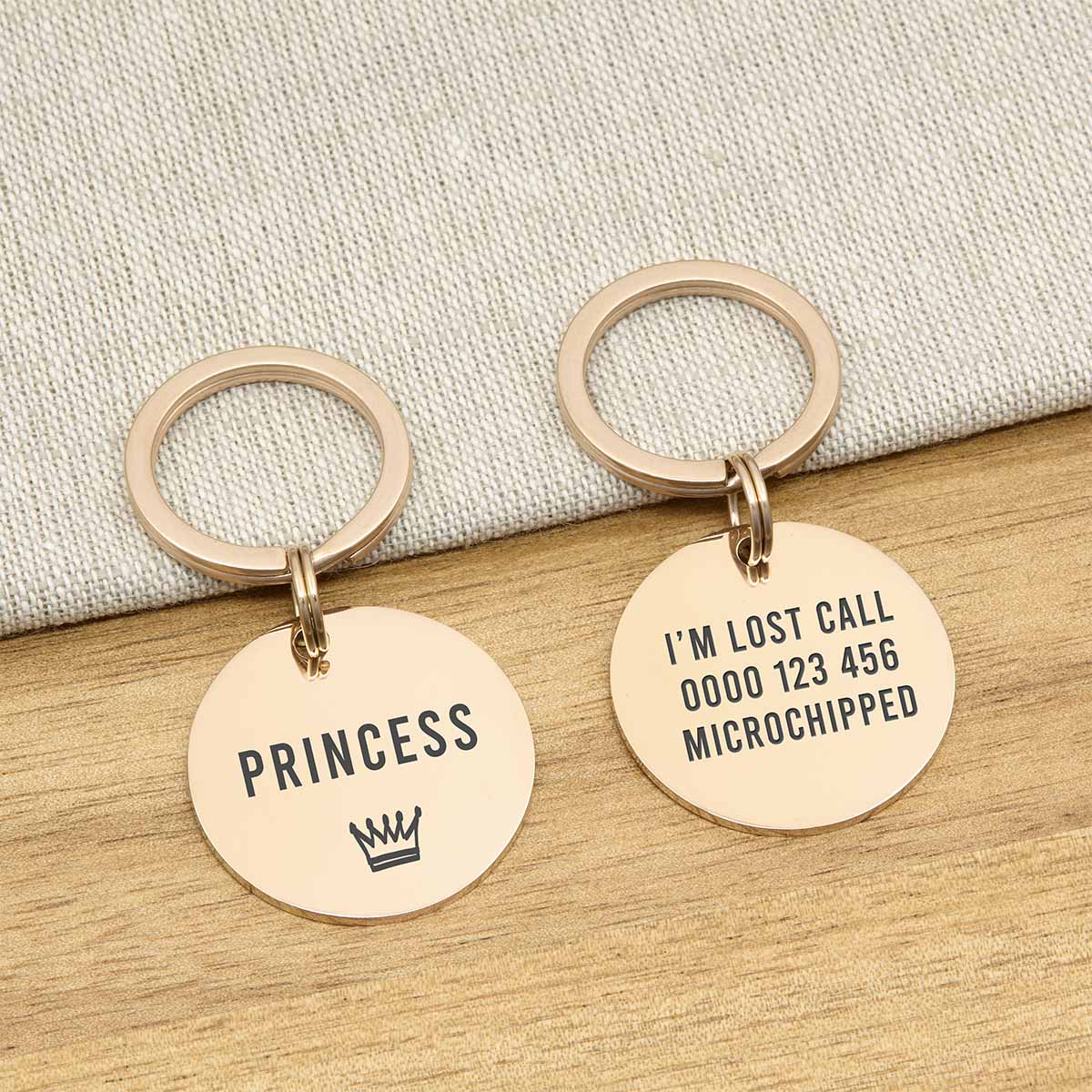 Engraved Large Stainless Steel Dog Name Tag - Rose Gold Icon Crown - About Pets