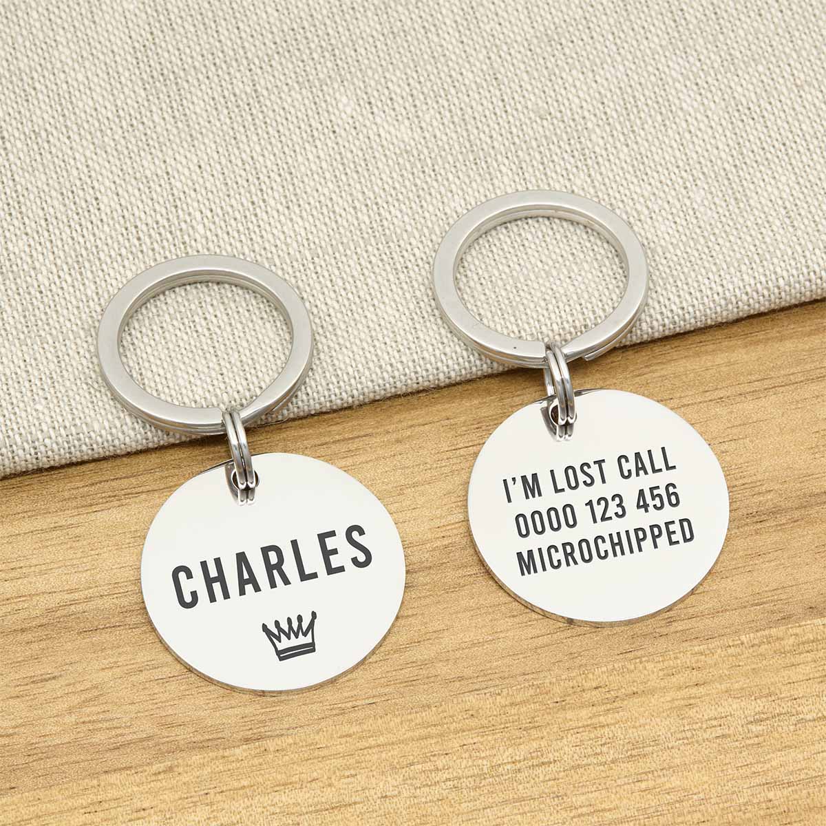 Engraved Large Stainless Steel Dog Name Tag - Silver Icon Crown - About Pets