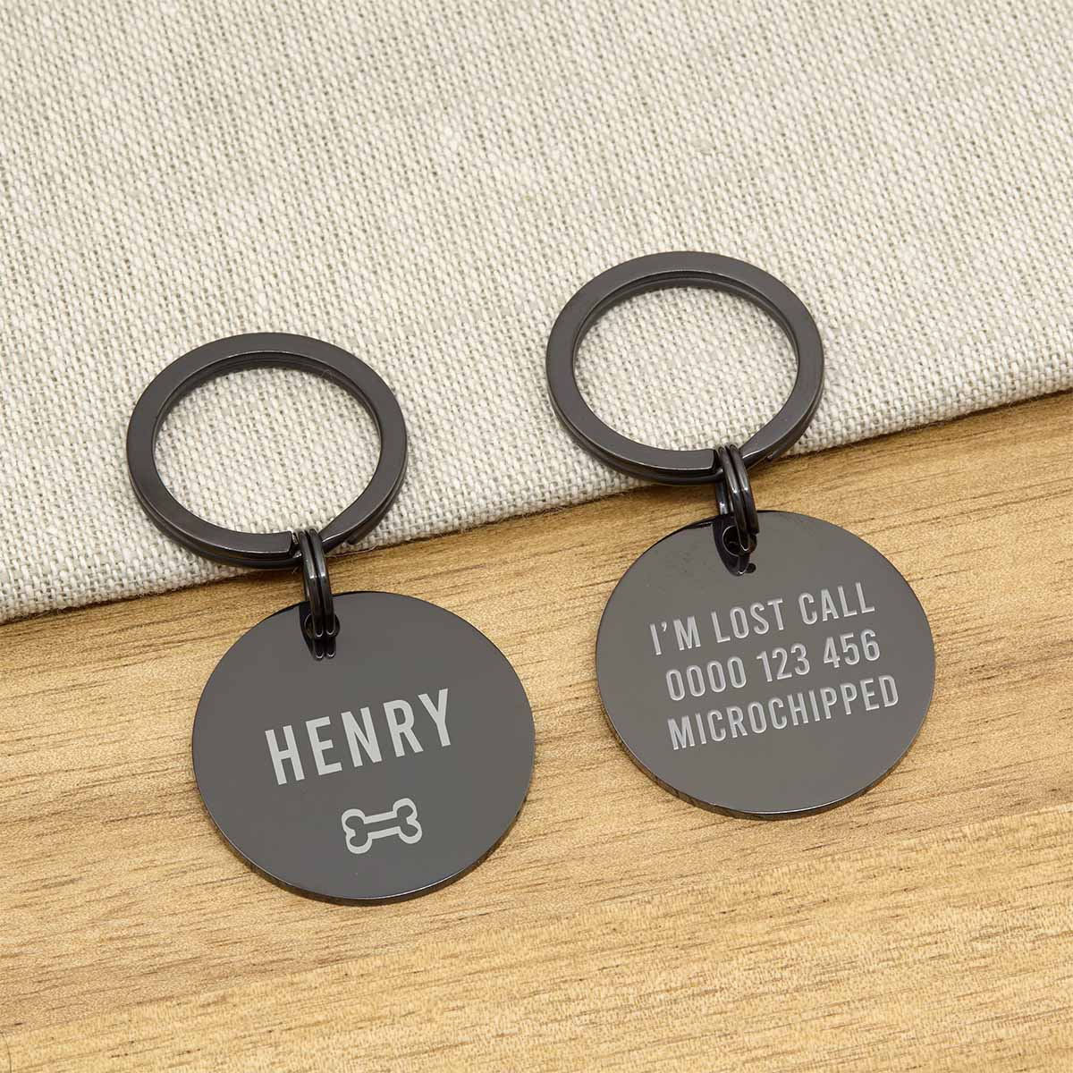 Engraved Stainless Steel Dog Name ID Tag - Icon Bone L Black Stainless - About Pets
