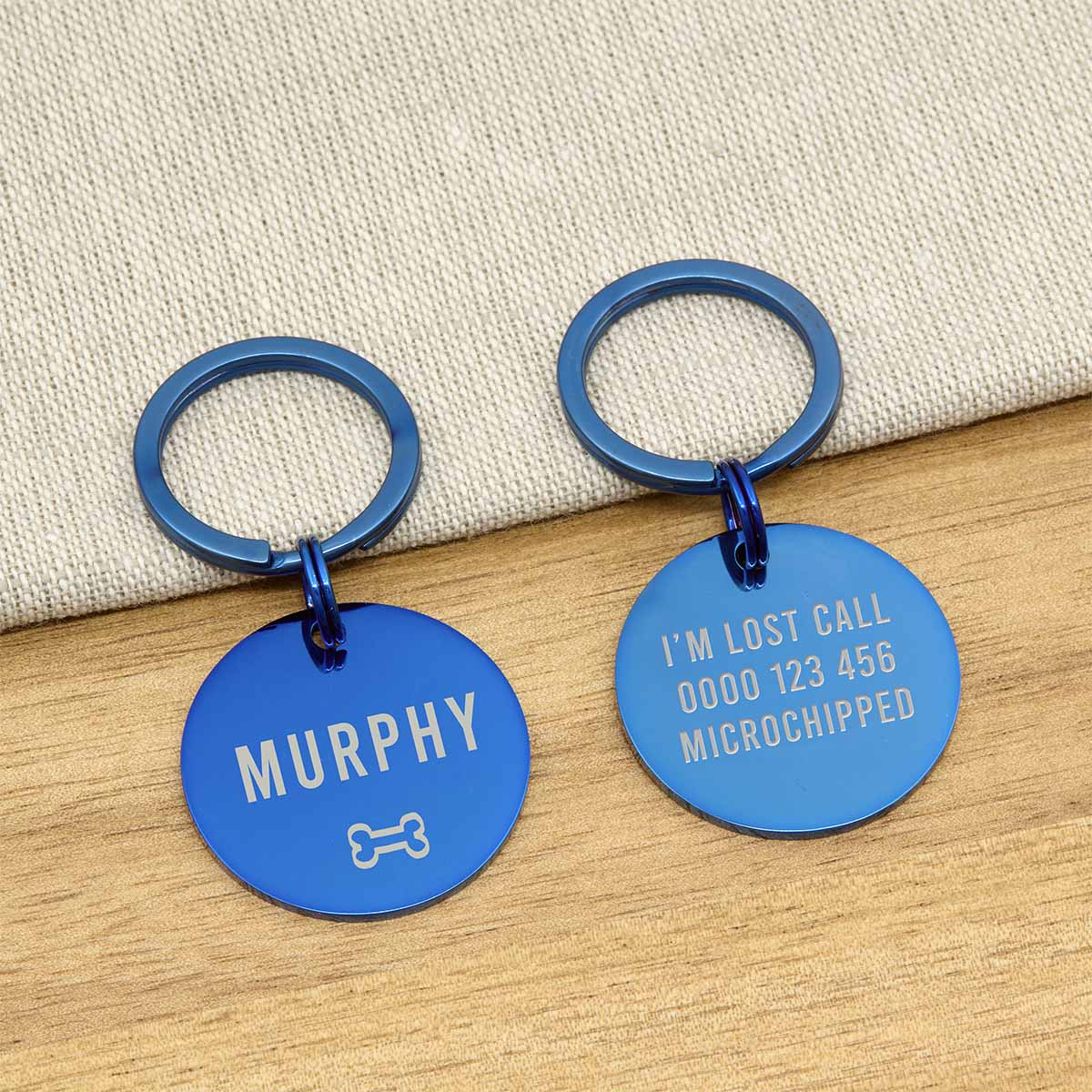 Engraved Stainless Steel Dog Name ID Tag - Icon Bone L Blue Stainless - About Pets