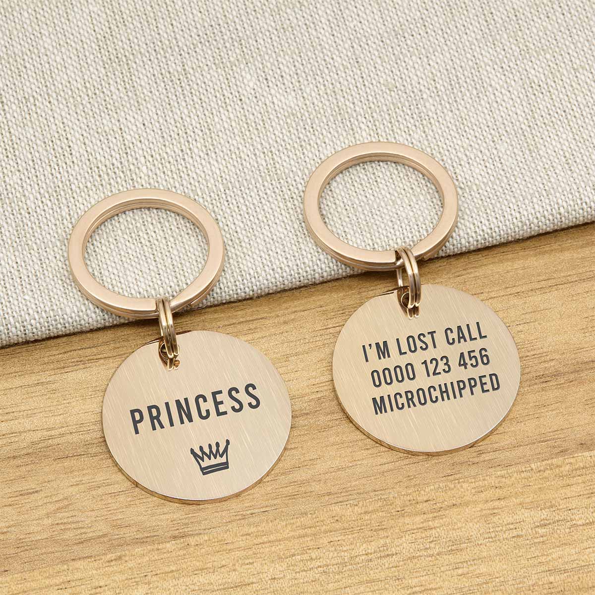 Engraved Stainless Steel Dog Name ID Tag - Icon Crown L Rose Gold Stainless - About Pets