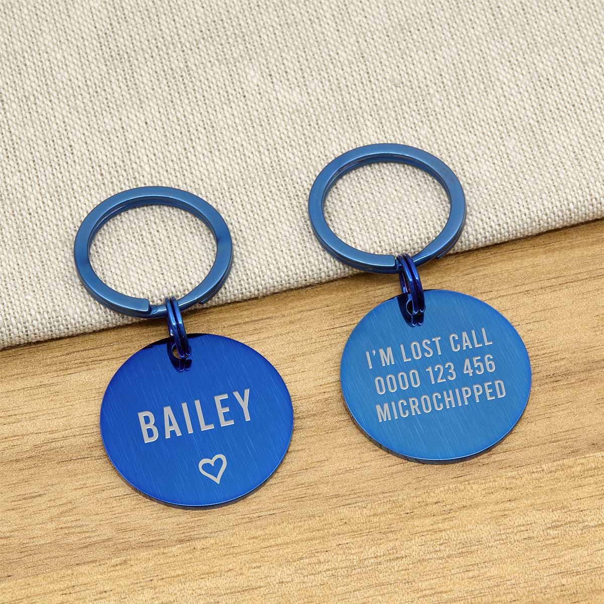 Engraved Stainless Steel Dog Name ID Tag - Large Blue Icon Heart - About Pets