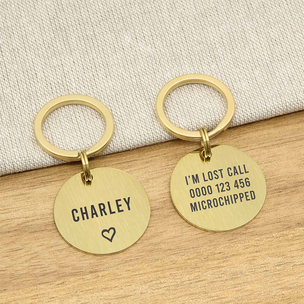 Engraved Stainless Steel Dog Name ID Tag - Large Gold Icon Heart - About Pets