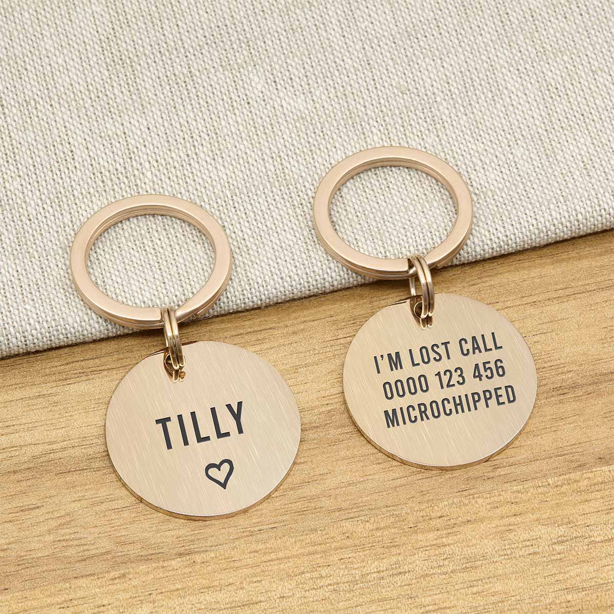 Engraved Stainless Steel Dog Name ID Tag - Brushed Rose Gold Icon Heart - About Pets