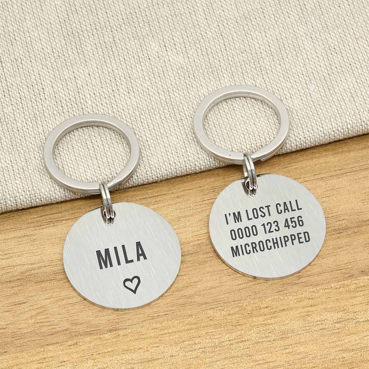 Engraved Stainless Steel Dog Name ID Tag - Large Silver Icon Heart - About Pets