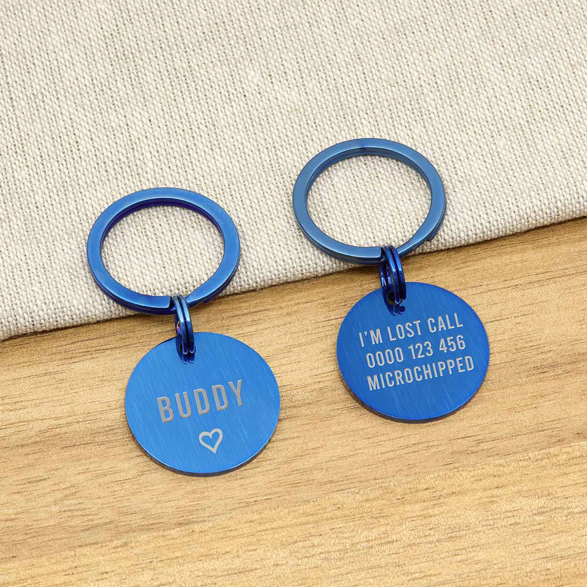 Engraved Stainless Steel Dog Name ID Tag - Brushed Blue Icon Heart - About Pets