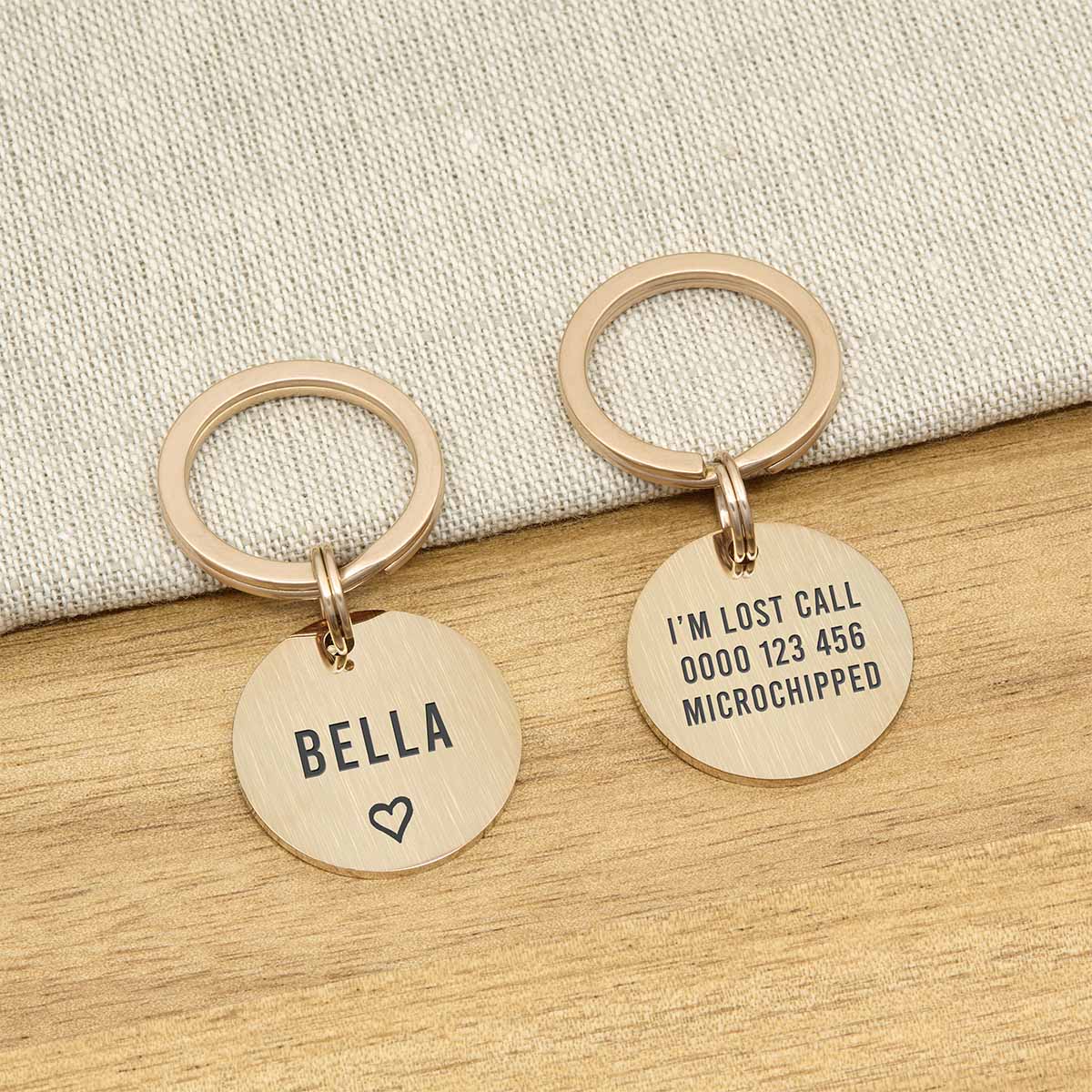 Engraved Stainless Steel Dog Name ID Tag - Brushed Rose Gold Icon Heart - About Pets