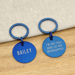 Engraved Stainless Steel Dog Name ID Tag - Large Brushed Blue Round- About Pets