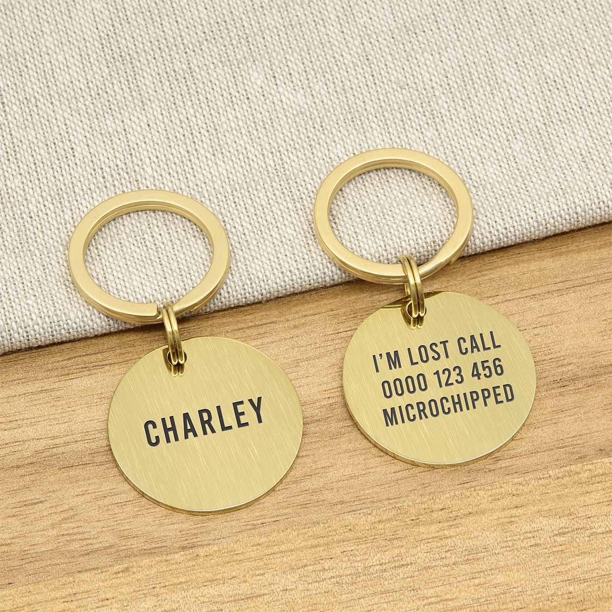 Engraved Stainless Steel Dog Name ID Tag - Large Brushed Gold Round- About Pets