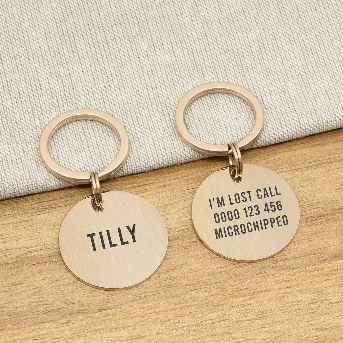 Engraved Stainless Steel Dog Name ID Tag - Large Brushed Rose Gold Round - About Pets