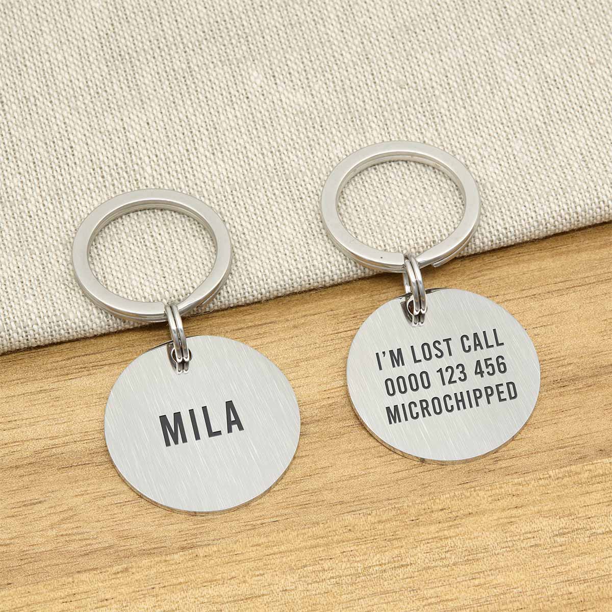 Engraved Stainless Steel Dog Name ID Tag - Large Brushed Silver Round - About Pets