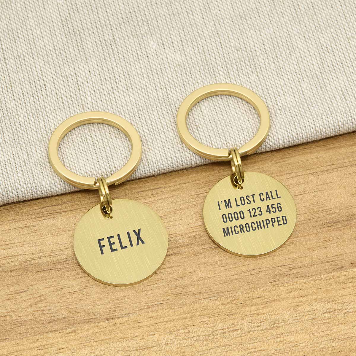 Engraved Stainless Steel Dog Name ID Tag - Brushed Gold Round- About Pets