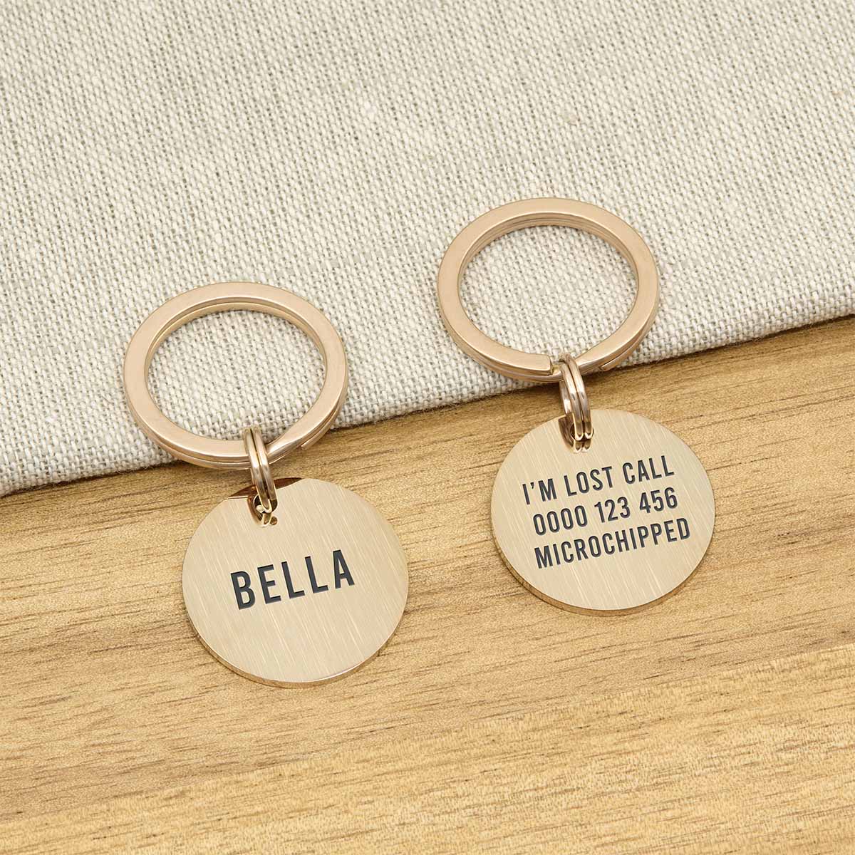Engraved Stainless Steel Dog Name ID Tag - Brushed Rose Gold Round- About Pets