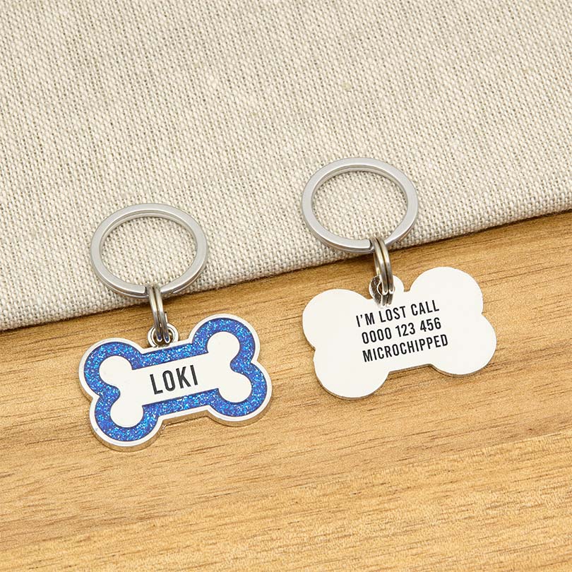 Engraved Stainless Steel Dog Name Tag - Glitter Bone - About Pets