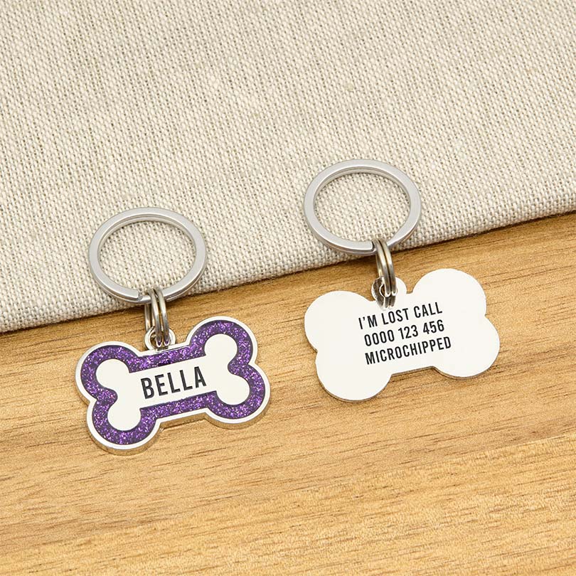 Engraved Stainless Steel Dog Name Tag - Glitter Bone - About Pets