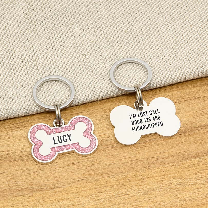 Engraved Stainless Steel Dog Name Tag - Glitter Bone - About Pets