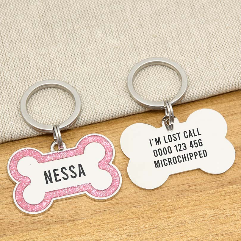 Engraved Stainless Steel Dog Name Tag - Glitter Bone - About Pets