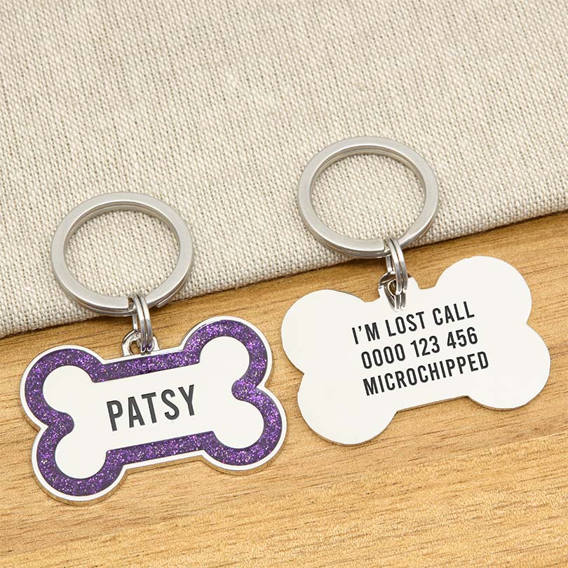 Engraved Stainless Steel Dog Name Tag - Glitter Bone - About Pets