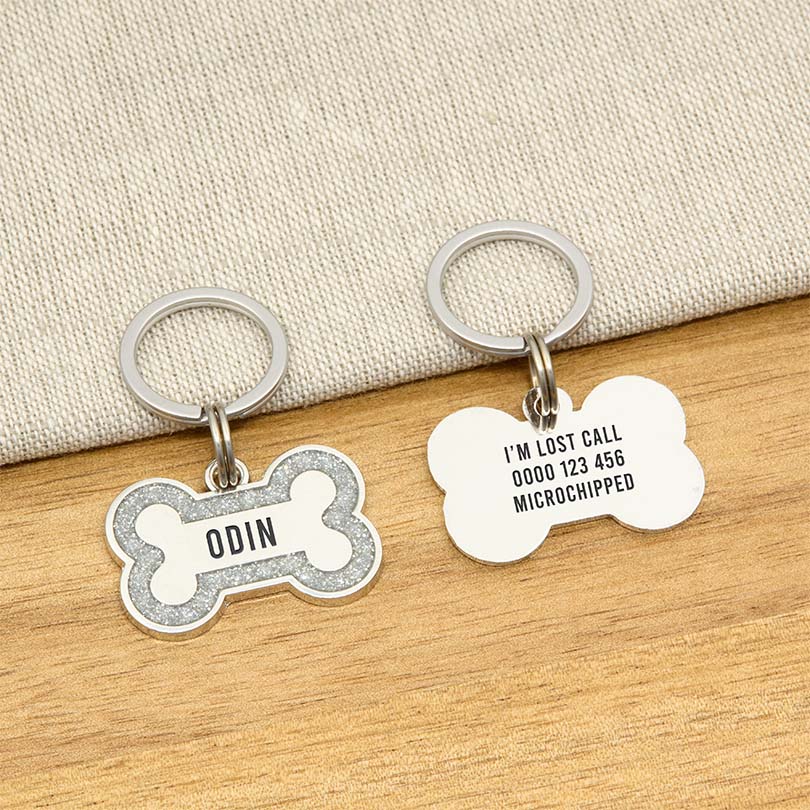 Engraved Stainless Steel Dog Name Tag - Glitter Bone - About Pets