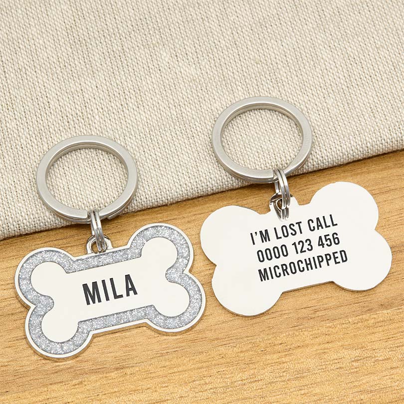 Engraved Stainless Steel Dog Name Tag - Glitter Bone - About Pets