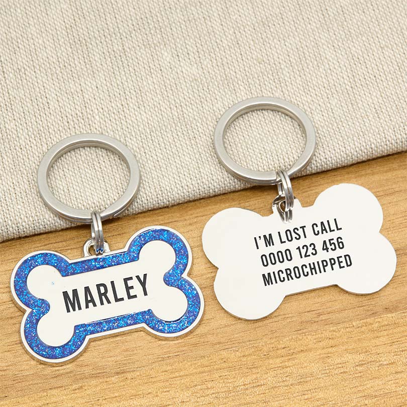 Engraved Stainless Steel Dog Name Tag - Glitter Bone - About Pets