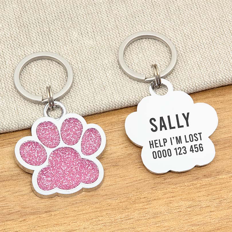 Engraved Stainless Steel Dog Name Tag - Large Pink Glitter Paw - About Pets