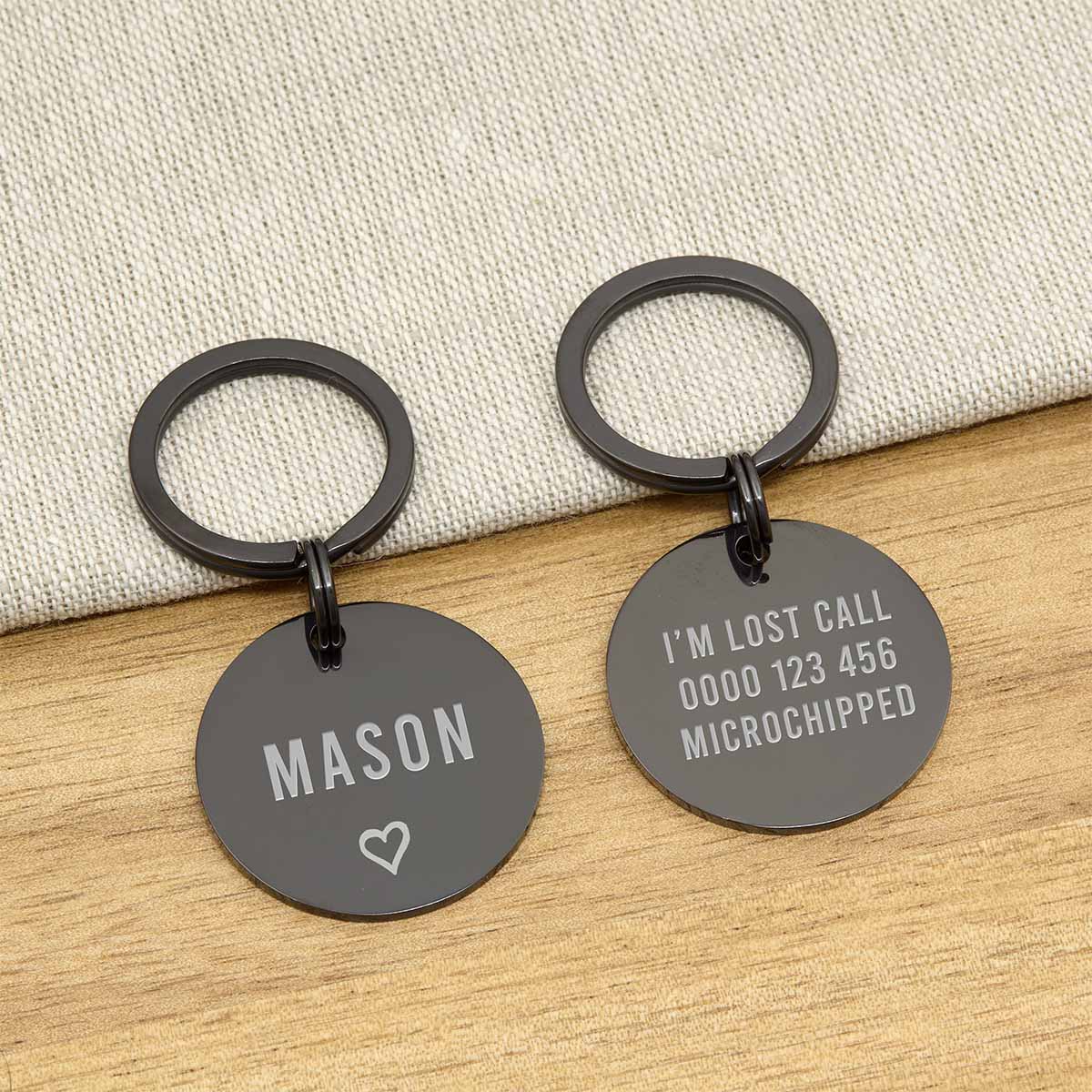 Engraved Stainless Steel Dog Name ID Tag - Large Black Icon Heart - About Pets