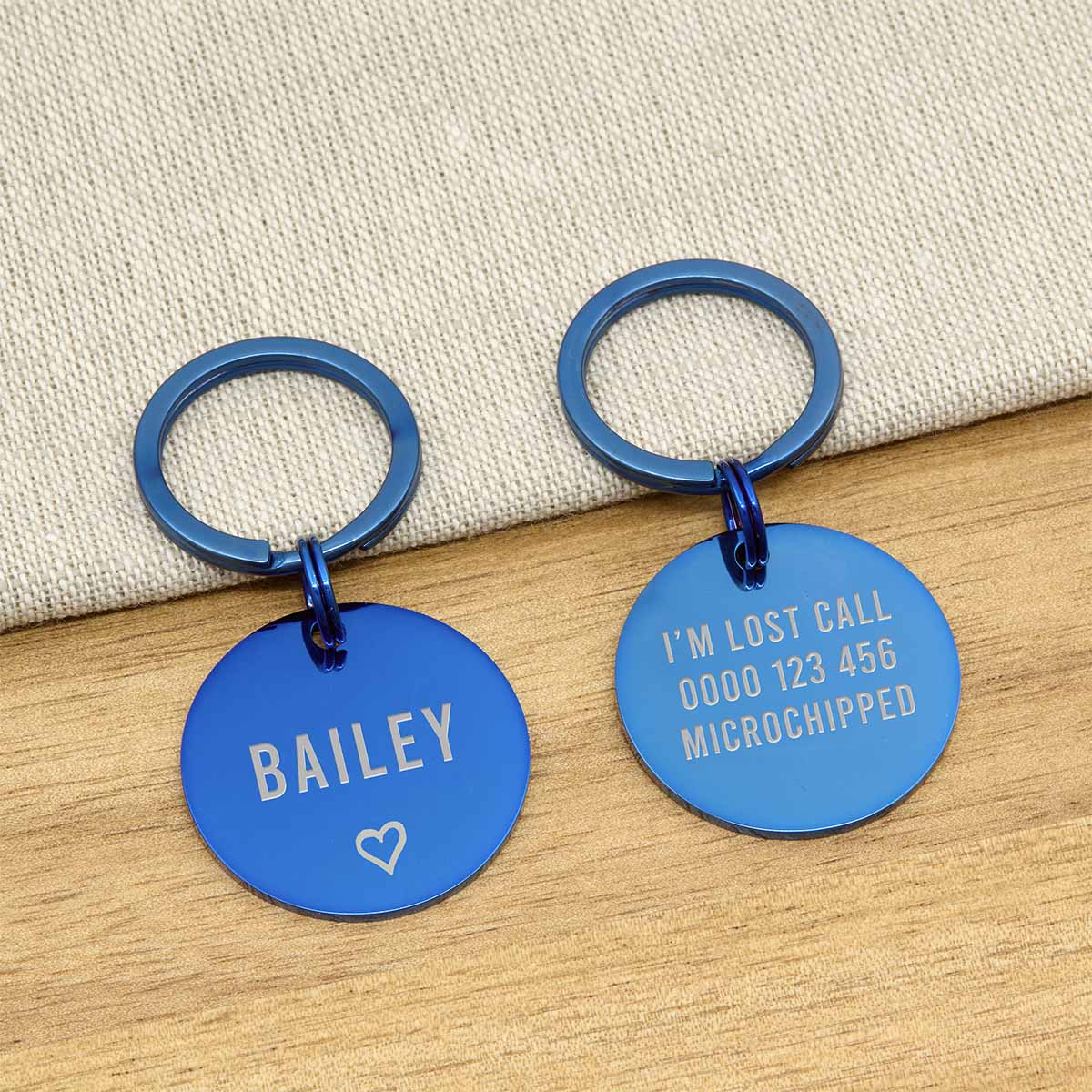 Engraved Stainless Steel Dog Name ID Tag - Large Blue Icon Heart - About Pets